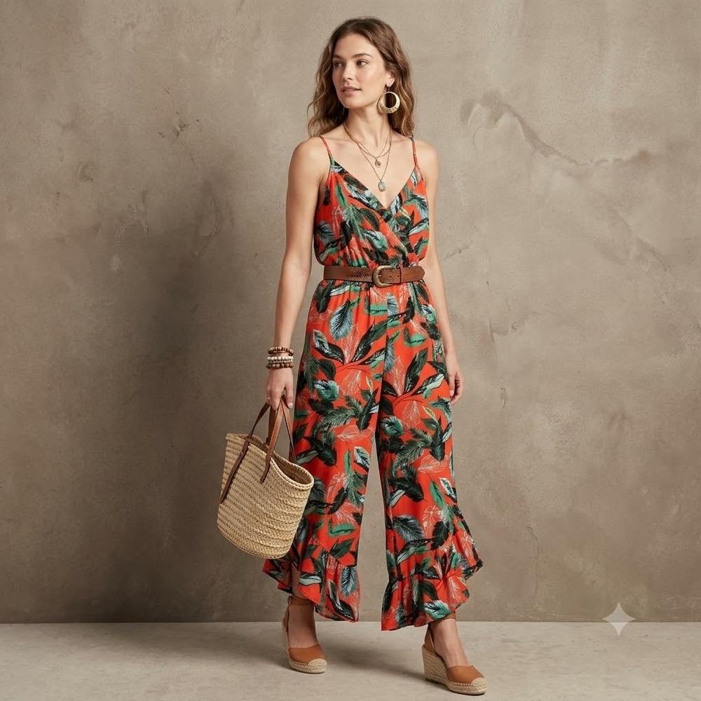Sugar‎ Lips "Dancing In The Street" Tropical Print Ruffled Jumpsuit size XL